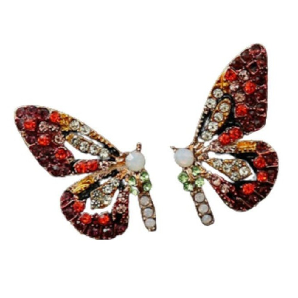 Colorful Sparkling BUTTERFLY Earrings NEW Red Pink Rhinestones Pierced Stud - Picture 2 of 9